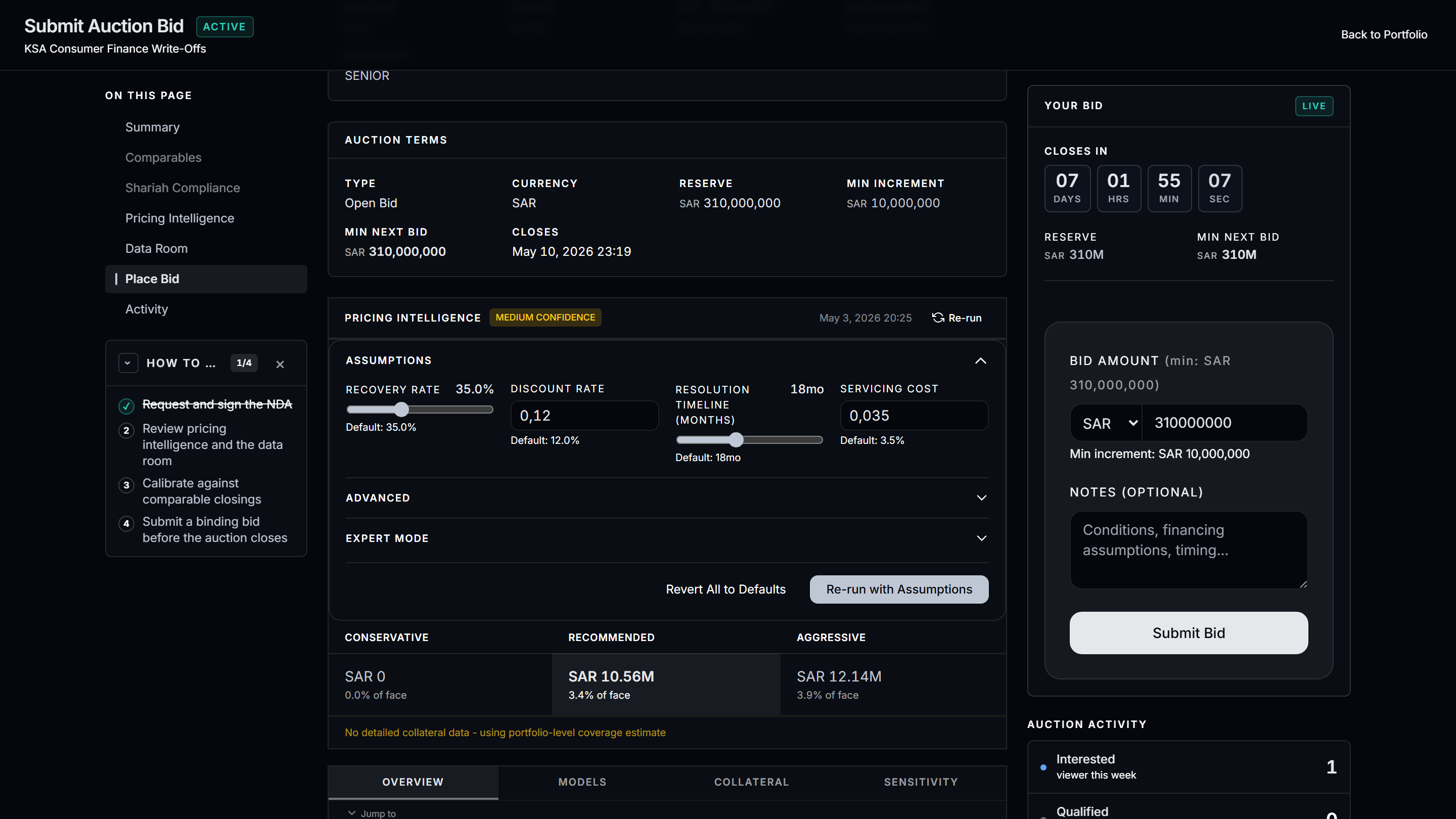 Three-phase bid page - Phase 1 indicative, Phase 2 due diligence, Phase 3 binding, with sealed bid integrity until close.